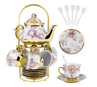 20 pièces Service à thé en porcelaine avec support métallique, service à thé pour adultes, service à thé en céramique européenne pour adultes, service à thé et soucoupe en porcelaine fleuri pour fête