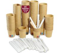 200 Gobelets Jetables Café en Papier Carton Kraft 110 ml / 4 oz. Gobelets pour Café Court, Lungo, Expresso et Plus avec Agitateurs en Bois Emballés dans du Papier