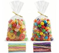 200 Pièces Sachet Bonbon, 10x15 cm Sachet Plastique Transparent Sacs Cellophane avec 200 Rubans Métalliques Pour Bonbons, Biscuits, Pain, Fruits, Etc. Parfaits Pour Les Fêtes De Cadeaux