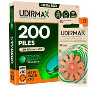200 Piles Auditives Taille 13 Udirmax PR48 Orange Zinc-Air Eco Pack - 20 Blisters Écologiques de 10 Piles