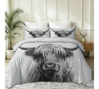 200 x 200 cm Minimaliste Nordique Housse de Couette, Gris Clair Animaux De La Ferme Vache Écossaise Frange Cornes, Parure de Lit Doux Microfibre Literie avec 2 Taies D'oreillers avec Fermeture Éclair