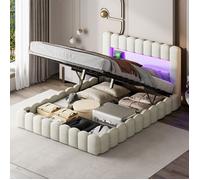 200x180 CM Lit Coffre Double beige avec LED réglable, tête de lit capitonnée et rangement hydraulique,lin