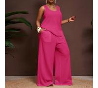 2025 Nouveau Printemps/Été Ensemble 2 pièces grande taille pour femmes - Débardeur texturé transparent à encolure en U sans manches avec pantalon palazzo taille élastique. Tenues de travail à domicile