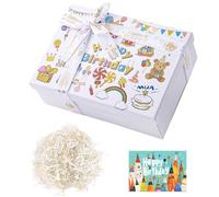 2025 Nouveaux Boite Cadeau Anniversaire, Boîte Cadeau Vide avec Couvercles, 25 x 18 x 8.5 cm "Happy Birthday" Boîtes Cadeaux avec Ruban Raphia Carte, pour Mariages Valentin Noel Fête