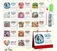 2027 Calendrier de peinture de diamant à motif mignon pour les vacances, Calendrier du Nouvel An, Calendrier de bureau, Chaque page a des motifs différents, Fait main créatif, Support de calendrier po