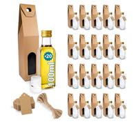 20x Mini Bouteilles en Verre 100ml avec Bouchon a Vis Doré + 20 Boîtes + 20 Sceaux + 20 Étiquettes Kraft + Ficelle - Petites Bouteilles pour Huile d'Olive, Vinaigre, Alcool, Sauces, Échantillons