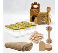 20x Petit Pot de Miel Hexagonal 45ml + 20x Boîte Kraft+ 20x Cuillère de Miel + 20x Bande de Tissu+ 20x Étiquette Kraft + Ficelle