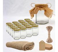 20x Pot de Miel Hexagonal avec Couvercle 270ml + 20x Bande de Tissu de Jute + 20x Étiquette en Carton Kraft + Ficelle de Jute - Idéal pour la Conservation de Miel, Confiture, Épices, Yaourt