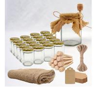 20x Pot de Miel Hexagonal avec Couvercle 270ml + 20x Cuillère de Miel + 20x Bande de Tissu + 20x Étiquette Kraft + Ficelle
