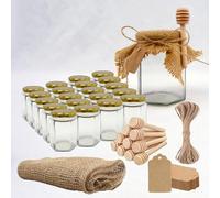 20x Pot de Miel Hexagonal avec Couvercle 270ml + 20x Cuillère de Miel + 20x Bande de Tissu de Jute + 20x Étiquette en Carton Kraft + Ficelle de Jute - Conservation de Miel fait Maison