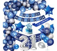 21 Ans Décoration Anniversaire Homme Chrome Bleu Argent,Royal Bleu Ballons Arch Kit avec Joyeux Anniversaire Bannière Cake Topper Nappe Birthday Sash Grand Ballon Numéro 21