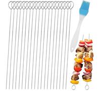 21 Pic a Brochette en Métal pour Grillade - Pica 30 cm avec Pinceau à Huile en Silicone Bleu Résistant à la Haute Température - Idéal pour Famille, Pique-nique , Camping ou Pique Brochette