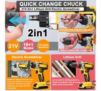 21V 2in1 Lithium Drill Electric Screwdriver Multi-function Power Tool High Torque Brushed Motor Practical Screw Driver for Home Appliances Furniture Installation Automotive Electronics Repairing