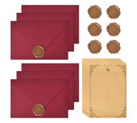 22 Pièces L'ensemble de Papeterie Vintage Papier, 6 Enveloppes de Papier Vintage et 6 Autocollants de Sceau en Cire, 10 Papier à Lettre Kraft Vintage, pour Mariages Invitations Cartes (Rouge foncé)
