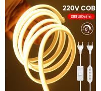 220V interrupteur à intensité variable COB LED bande néon variateur Kit d'alimentation étanche 288LED s cuisine salle décor lampe flexible 3000K 4000K 6000K