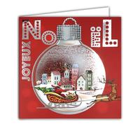 23091 Carte carrée Joyeux Noël Traineau du Père-Noël dans une Boule à Neige Argentée Brillante avec Enveloppe Carrée Blanche Format 15x15cm - Renne Sapin - Fabriqué en France