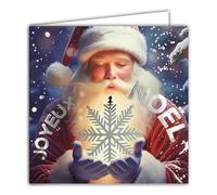 23093 Carte carrée Joyeux Noël Père-Noël Flocon Argenté Brillant avec Enveloppe Carrée Blanche Format 15x15cm - Souffler sur la neige dans ses mains gantées - Fabriqué en France