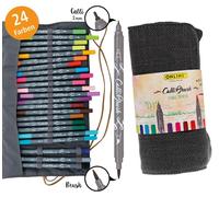 24 Calli.Brush Pens Double Tip avec pointe calligraphique 2mm et pointe pinceau flexible, couleurs intenses, dans Inspiration Roll Pouch en textile doux