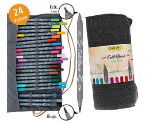 24 Calli.Brush Pens Double Tip avec pointe calligraphique 2mm et pointe pinceau flexible, couleurs intenses, dans Inspiration Roll Pouch en textile doux