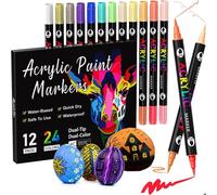 24 Couleurs Marqueurs à Double Pointe, Feutre Acrylique Permanent Tooli Art pour Roche Pierres Bois Verre Toile Papier Céramique