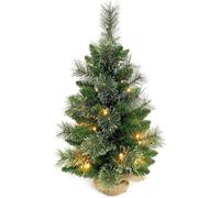 24 Inch Small Christmas Tree with Floral Pine Needles Warm White LED Light String Burlap Wrapped Base Christmas Ornament for Table Top Desk Classic Series Holiday Decoration