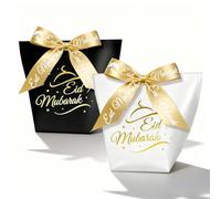 24 mini coffrets cadeaux Eid Mubarak sacs cadeaux Bayram sacs noirs et blancs avec 24 rubans dorés imprimés pour les fêtes islamiques de l'Aïd Moubarak cadeaux de fête (star)