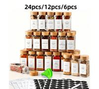 24 pièces/12 pièces/6 pièces Set de bocaux en verre carrés, convient pour les épices de barbecue, les salières et poivrières, les distributeurs d'assaisonnement, comprend des couvercles en bois, des é