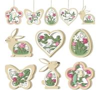 24 Pièces Décorations de Pâques en Bois à Suspendre Vertes Réutilisables Avec Cordon de Jute Pendentifs de Printemps Lapins Œufs Papillons Fleurs Cœurs Ornements pour Arbre de Pâques Fenêtres Murs