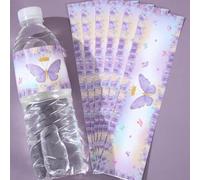 24 pièces Étiquettes de bouteille thème papillon violet, autocollants de bouteille pour fête d'anniversaire papillon, décorations de fête, faveurs de fête, pack d'autocollants cadeaux d'anniversaire, 