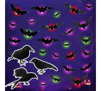 24 Pièces Lumières Chauve-Souris, 3 Pièces Corbeau d'halloween Décoration | Corbeau À Plumes Noires, 3D Chauve Souris Violet LED Autocollants, Décoration Corbeau Noir, pour Horreur Déco
