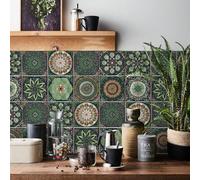 24 pièces Stickers muraux, Stickers autocollants pour carrelage pour cuisine, salle de bain, décoration, Murales murales de style marocain en PVC, Taille : 10 cm x 10 cm Noir 24,Vert 24graphique,Plant