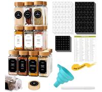 24 Pot à Épices en Verre de 120 ml avec Couvercles, Rangement pour Epices de Cuisine, Bocaux Carrés Hermétiques avec Entonnoir et 648 Étiquettes, Convient pour Le Camping