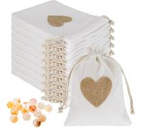 24 Sac en Toile de Jute à Cœur 15 x 20 cm Blanc - Cadeau en Jute Avec Cordon de Serrage pour Bijoux, Artisanat, Mariage, Fête et Noël