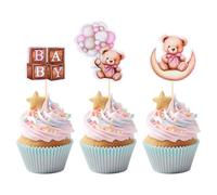 24pcs Décorations Cupcakes d'Ours Rose, 3 Styles Décorations Mignonnes Gâteaux d'Ours Ballon Lune Décorations Cupcakes Topper Décorations Idéales Anniversaires Mariages Fêtes Thème l'Ours