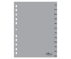 25 intercalaires mensuels Durable 6514 - janv.-déc., format A4, polypropylène, gris, 12 feuilles