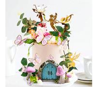 25 pièces ou 5 pièces Décorations de gâteau de fée, champignons roses en bois simulés, papillon en papier, décorations de gâteau en forme de feuille verte, cadre de porte de jardin de fée en bois, déc