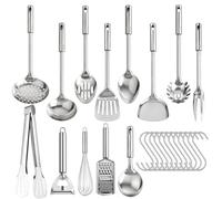 25 Pièces Set Ustensiles de Cuisine en Acier Inoxydable di Lavable au Lave | avec Cuillère à Riz Spatule Louche Ecumoire Econome Fouet Coupe-Légumes Cuillère à Pâtes Ppince et Crochets en S pour Cuisson