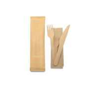 250 Kits Couverts Bois Jetables - Fourchette, Couteau, Cuillère, Serviette | Pochette individuelle en papier ; prête à distribuer ; fourchette et couteau 16,5 cm ; cuillère 11 cm ; service complet