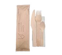 250 kits de couverts 4 en 1 jetables en bois fourchettes + couteaux + cuillères +serviettes