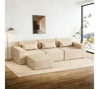 258cm Canapé D'angle Convertible en Forme de L Canapé Modulable Compressé en Velours Côtelé Moelleux Canape Lit 3 Places avec Pouf et Coussins Aucun Montage Nécessaire Salons Chambre Coucher, Beige