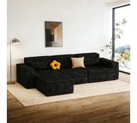 258cm Canapé Modulable en Forme de L Canapé D'angle Compressé Convertible Canapé-Lit Sans Ossature Velours Cotelé Mousse à Mémoire de Forme Accoudoirs aux Salons Chambre Coucher, Noir, 3 Places & Pouf
