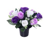 25cm Artificial Purple Lilac & Cream Rose Grave Pot with 12 Flower Heads- Vase Insert Memorial