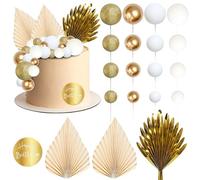 28 Pièces Deco Gateau Anniversaire Boule Decoration Gateau Blanc et Doré Feuilles de Palmier Éventail en Papier Boho Décoration Gâteau Anniversaire Mariages Graduation
