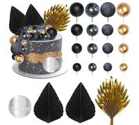 28 Pièces Deco Gateau Anniversaire Boule Decoration Gateau Noir et Or Feuilles de Palmier Éventail en Papier Boho Décoration Gâteau Anniversaire Mariages Graduation