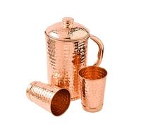 2activelife Pichet 100% cuivre pur 1500 ml avec 2 gobelets | Pichet d'eau potable martelé avec verres | Ensemble pichet en cuivre avec couvercle et tasses | Bouteille d'eau avec poignée | Avantages