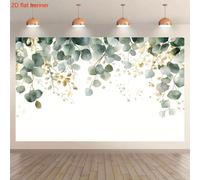 2D Bannière plate 1 panneau Fond mural d'eucalyptus élégant effet aquarelle vert et or, grand design de feuille sur blanc, suspension auto-adhésive (sans outils ni électricité) convenant pour les mari