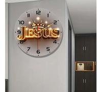 2D Plat 10"/12" Horloge murale ronde en bois sans cadre, motif "Jésus" couronne dorée silencieuse, fonctionne avec pile (piles non incluses) - Convient pour le salon, la chambre, la cuisine, la décora