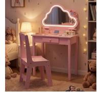 2en1 Coiffeuse Enfant Fille-COSTWAY-avec Miroir LED Réglable,avec Chaise Tiroir et Rangements,Forme Nuaget,59 x 35 x 103.5CM,Rose