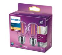 Philips ampoule LED Sphérique E27 40W Blanc Chaud Claire, Verre, Lot de 2