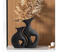 2er Set Vases en Céramique Noirs | Vases en Forme de Cœur Mat | Décoration Boho pour Table à Manger, Bibliothèque, Salon, Chambre & Bureau | Décoration de Table | Idée Cadeau Moderne